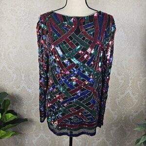 Vintage 80's Silk Sequin Beaded Evening Blouse Blue Green Fuchsia Black